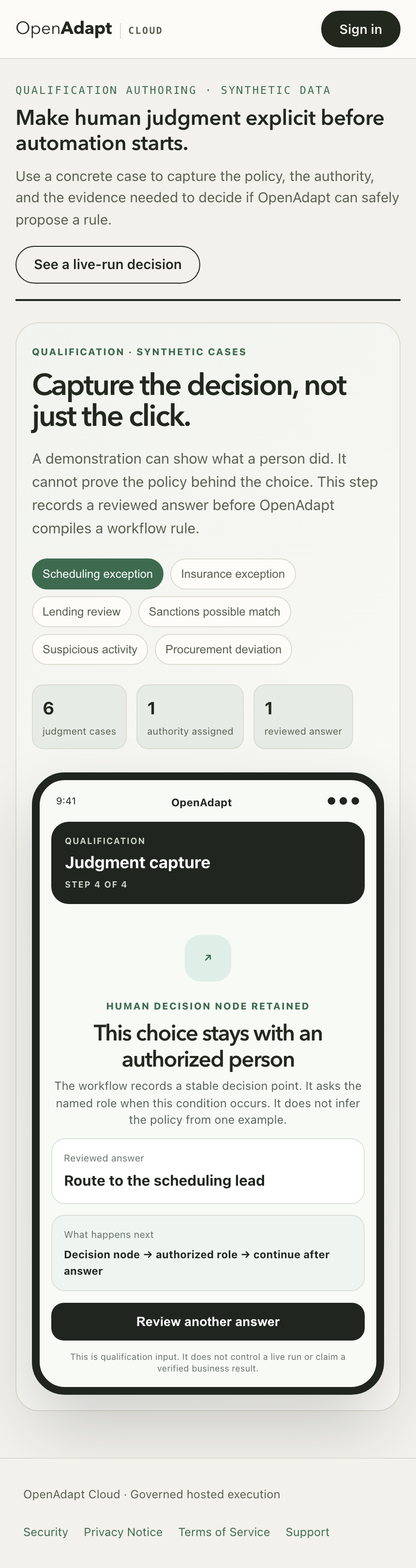 Mobile qualification screen that retains an insurance exception as an authorized human decision node