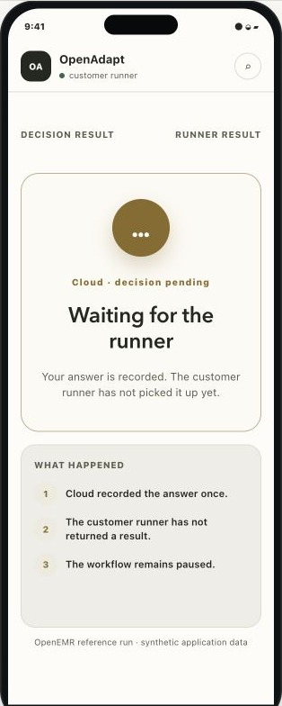 OpenAdapt mobile decision result confirming that the signed answer was accepted once and awaits the customer runner.