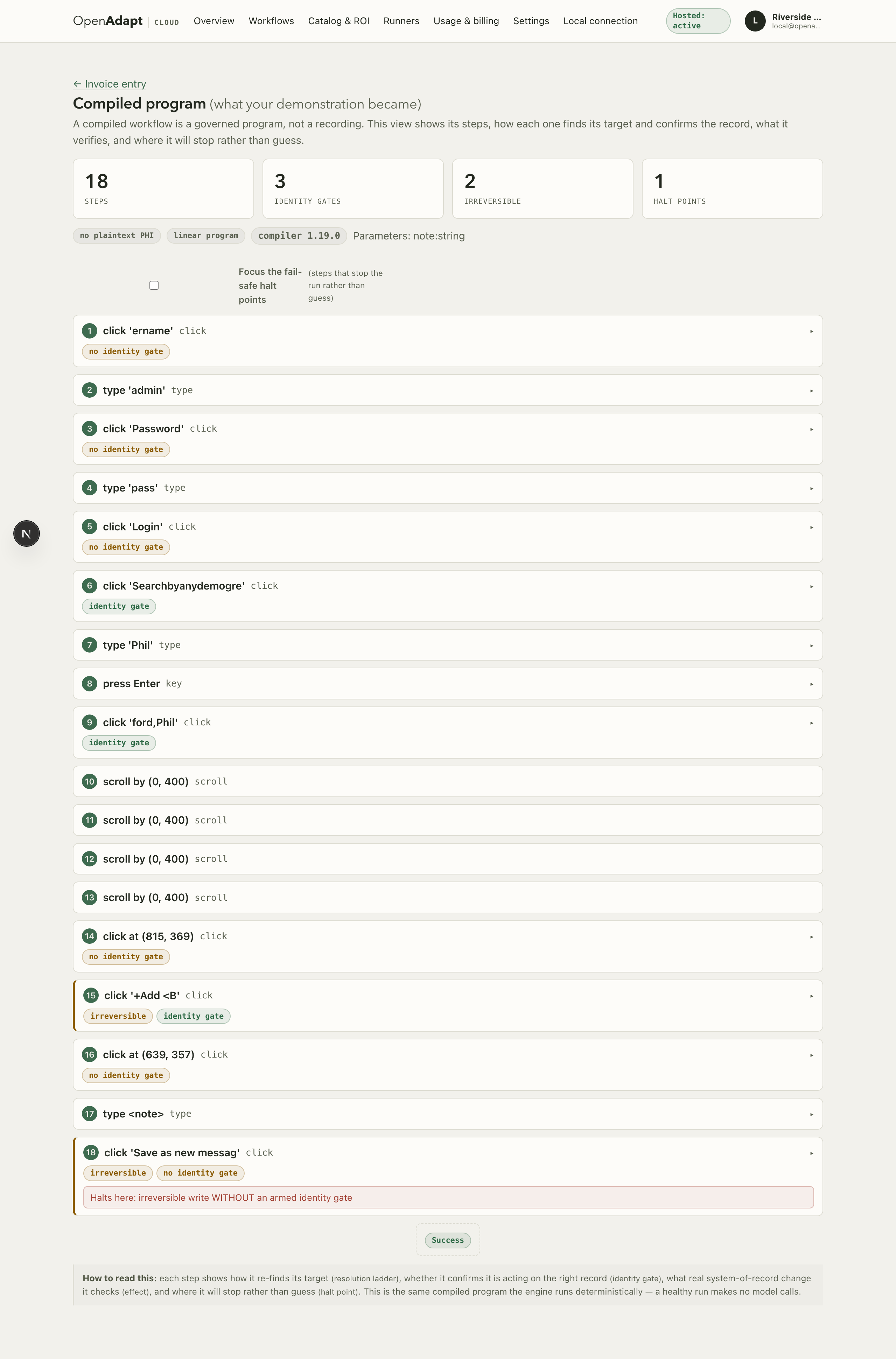 OpenAdapt Cloud program-graph view of a compiled bundle: ordered steps, the per-step resolution ladder, armed identity gates, effect checks, and halt points.