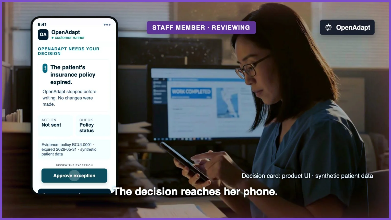 Maria reviews an expired-policy exception on her phone while OpenAdapt waits for her decision.