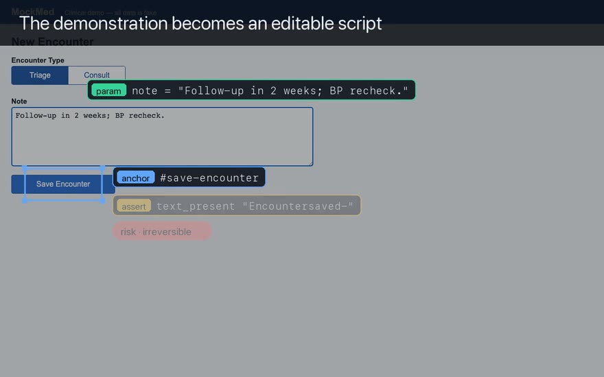 The recorded demonstration compiled into an editable script: visual anchor targets, a per-step assertion, and a parameter.