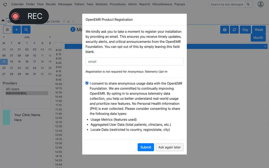 OpenAdapt's recorder capturing a real session in a live OpenEMR electronic health record: signing in and opening the patient workflow while every screen and input is captured.