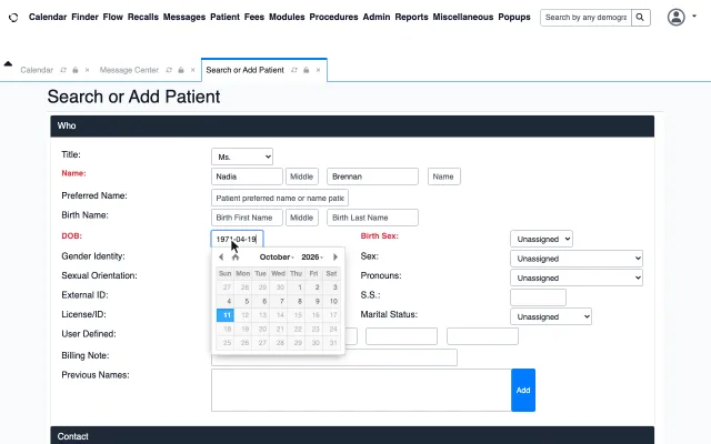 OpenEMR's Add Patient form with title, name and date of birth typed in