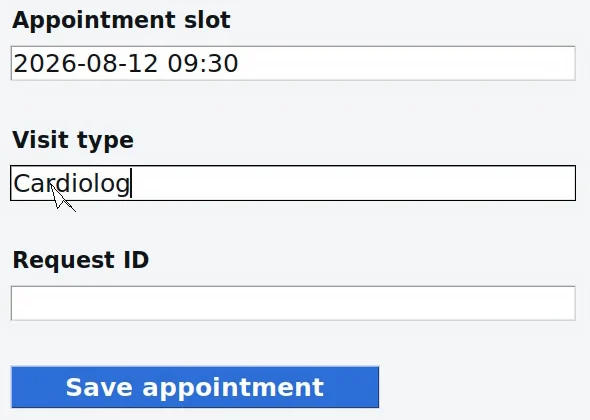 The booking form of our fictional scheduling app, seen over a remote-desktop connection, during the recording.